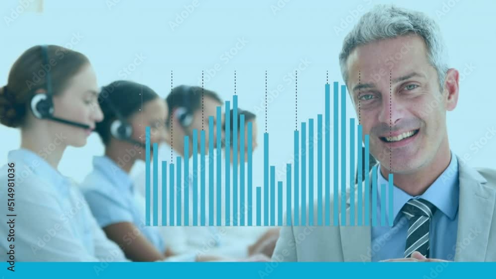 Poster animation of data processing over diverse business people using phone headsets
