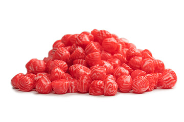 Red round tasty gummy candies islolated on a white background.