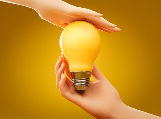 Two human hands holding yellow incadescent light bulb. Concept of energy saving, ecology, innovation,environment care and protection. 3D rendering.