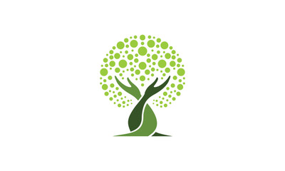 Human hands and tree with green leaves. Logo, symbol, icon, illustration, vector, template, design