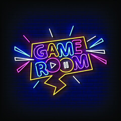 Neon Sign game room with Brick Wall Background Vector