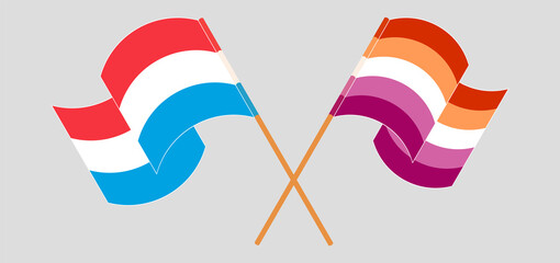 Crossed and waving flags of Luxembourg and Lesbian Pride