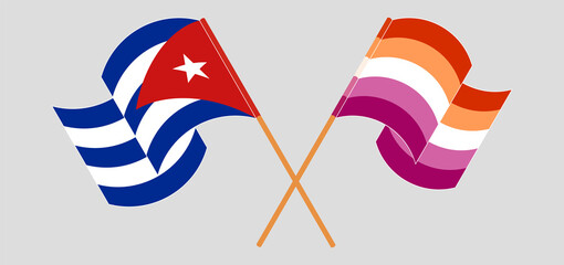 Crossed and waving flags of Cuba and Lesbian Pride