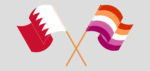 Crossed and waving flags of Bahrain and Lesbian Pride