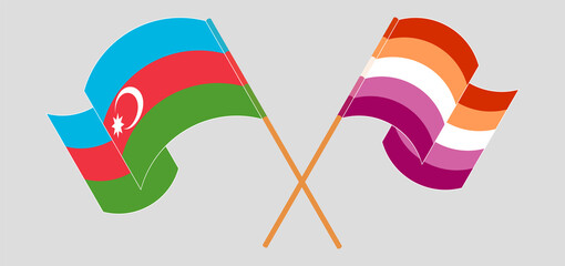 Crossed and waving flags of Azerbaijan and Lesbian Pride