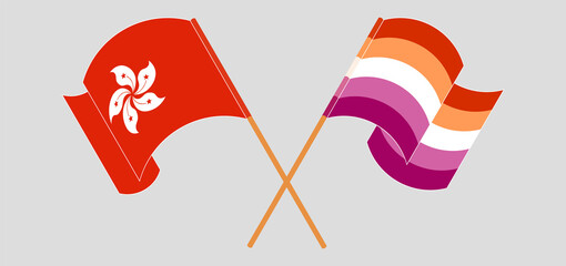 Crossed and waving flags of Hong Kong and Lesbian Pride