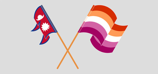 Crossed and waving flags of Nepal and Lesbian Pride