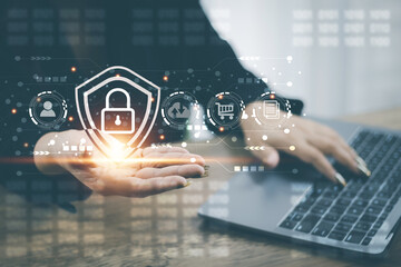 cyber security concept, woman's hand scanning finger to go online to access information both accessing the system document storage Banking including online shopping This method is highly secure.