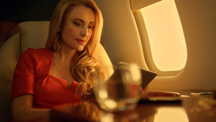 Airplane passenger holding tablet computer closeup. Gorgeous businesswoman work