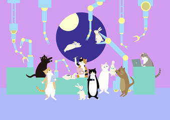 月夜に5体のウサギ型散歩ロボット開発する　七匹の猫のロボット工場