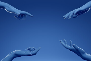 4 blue hands pointing at blank space over blue background. Perfect background for your cosmetics, fashion product or jewelry. 3D rendering