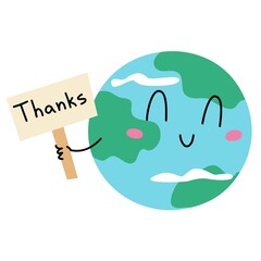 Thanks sign. Grateful Earth planet character. Vector cartoon illustration.