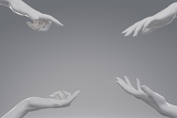 4 WHite marble hands with different gestures pointing on blank space at white background. Perfect background for your cosmetics, fashion product or jewelry. 3D rendering