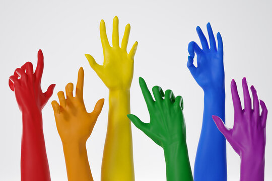 Raised up hands paintied in rainbow colors over white background. Rigths and freedom of lgbt people.Concept of lgbtq, pride, equality, gay community and diversity. 3D rendering.