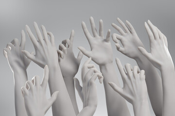 Lots of marble hands with different gestures raising up. Concept of democracy, elections, diversity and equity. 3D rendering.