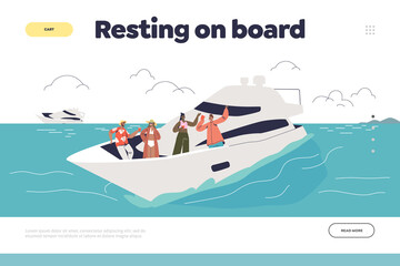 Resting on boat concept of landing page with group of people relax on luxury yacht in ocean