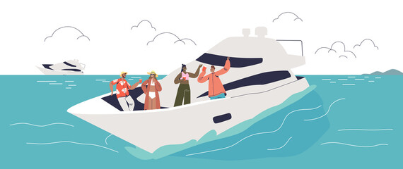 Group of people relax on luxury yacht in ocean. Friends spend summer vacation in sea travel together