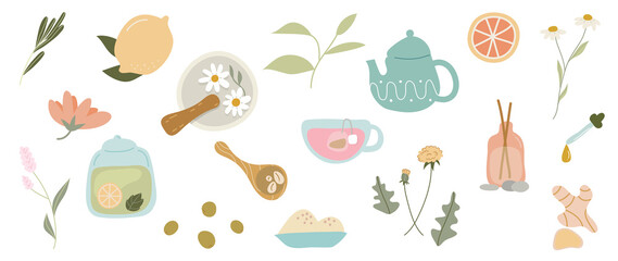 Homeopathy and nature beauty skin vector element. Flower, herbs and skincare packaging  hand drawn doodle design for banner, ads, logo and packaging design.