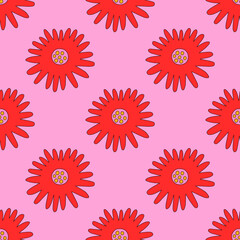 square vector seamless pattern - flower in hippie style.1970 good vibes.Funky and groovy 1970 daisy flower.Funky 1960 psychedelic ornament with floral.Kidcore kawaii wallpaper and fabric.Floral naive	