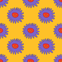 square vector seamless pattern - flower in hippie style.1970 good vibes.Funky and groovy 1970 daisy flower.Funky 1960 psychedelic ornament with floral.Kidcore kawaii wallpaper and fabric.Floral naive	