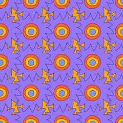 square vector seamless pattern - flower in hippie style.1970 good vibes.Funky and groovy 1970 daisy flower.Funky 1960 psychedelic ornament with floral.Kidcore kawaii wallpaper and fabric.Floral naive	