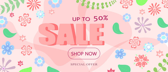 Floral sale banner, watelcolor background, spring and summer sale.  Can be used for template, banners, wallpaper, flyers, invitation, posters, brochure, voucher discount.