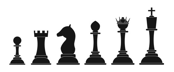 Black chess pieces. Queen pawn and king isolated. Chessboard elements, abstract professional table game horse, knight recent vector icons
