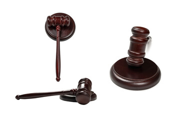 Wooden judge gavel and soundboard isolated on a white background.