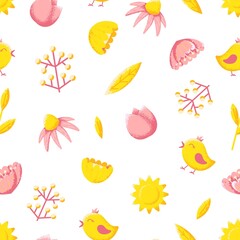 Baby nursery seamless pattern, kids fabric print with yellow sun, bird and pink flowers. Child room wallpaper, wrapping or cards. Cute bright vector summer texture