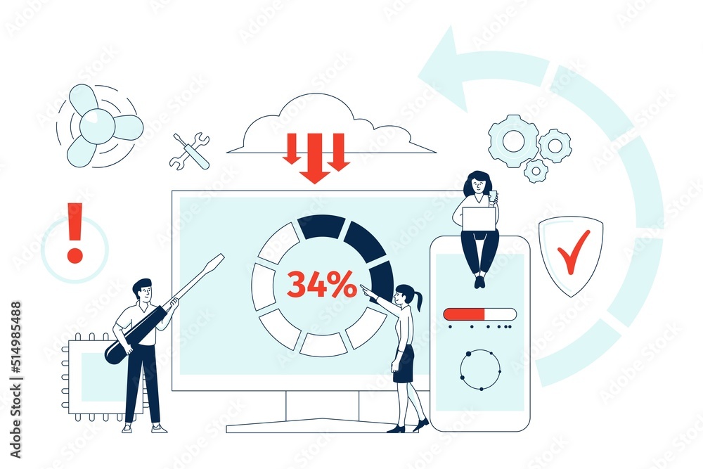 Aufkleber upgrading system. technical updates, business people or developers upgrade software. computer servic