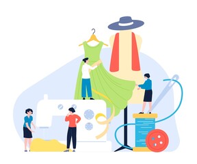 Fashion designer. Garment process, create dress designers at work. Tailor service, trendy atelier or sewing factory. Women sew clothes recent vector scene