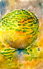 Watercolor painting of fresh green yellow water melon  fruit.