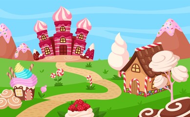 Fototapeta premium Sweet candy game location. Chocolate candies, biscuits home and dessert cartoon castle. Kids gaming background, fairy tale garish vector panorama