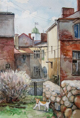 Street landscape with a dog, spring Vyborg, Russia, watercolor