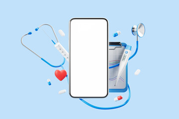 White screen smartphone with stethoscope, thermometer and tablet. The concept of an appointment with a doctor, online pharmacy. Mock up. 3d rendering