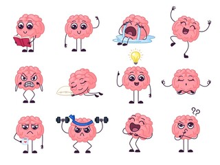 Cartoon brain character. Intellectual health, emotional funny happy and sad brains. Mind sleep, doing exercises and thinking new idea, garish vector set