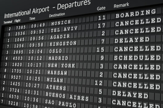 Flight time table. Flight departure board with some cancelled flights to Oslo, Madrid, New York, Athens or Milan at the airport. International airport, tourism and travel concept. 3D illustration
