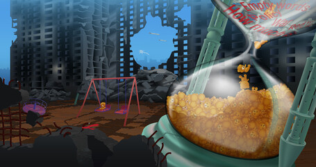 The stylized hourglass of war under the rubble counts down rockets that turn into teddy bears symbolizing children's lives. Damaged residential building with a children's swings in the yard.