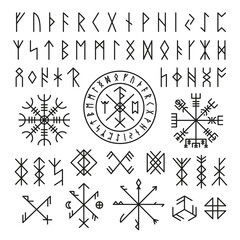 Futhark viking norse. Runic design icons, old mystery sign. Magic ancient symbols for game or tattoo. Nordic mythology, celtic tidy vector collection - obrazy, fototapety, plakaty
