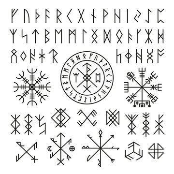 Futhark viking norse. Runic design icons, old mystery sign. Magic ancient symbols for game or tattoo. Nordic mythology, celtic tidy vector collection