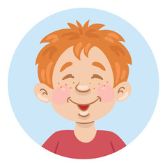 Obraz premium Portrait of a funny boy with freckles. Avatar icon in a circle. In cartoon style. Isolated on white background. Vector illustration.