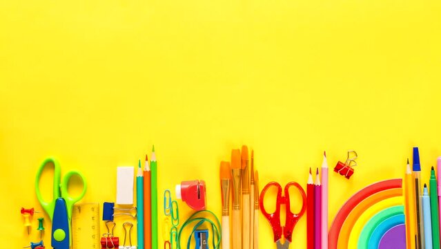 Back to school stop motion .Colorful school and office supplies on yellow background.Copy space.Flat lay