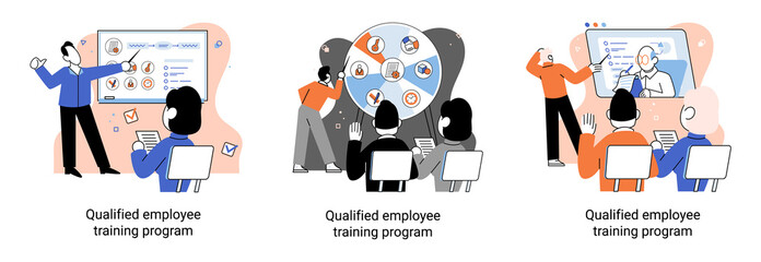 Qualified employee training program. Refresher course metaphor. Help in professional development. Learning for software development and growth. Agile project management team project life scrum meeting