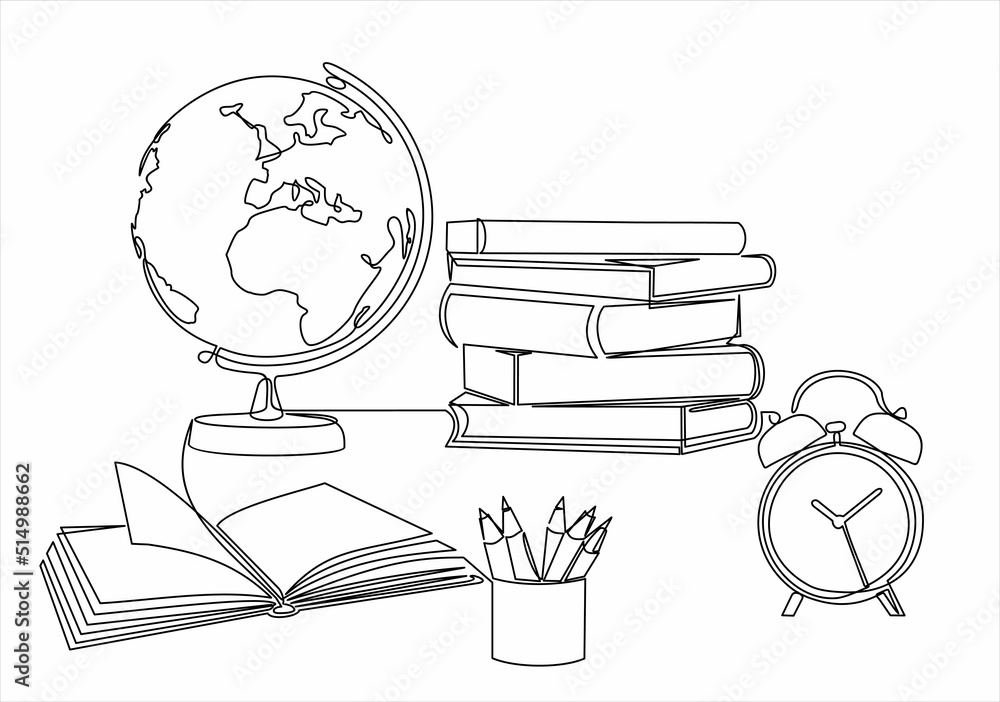 Poster one continuous line drawing of globe, books stack, alarm clock and pencils. study space desk concept