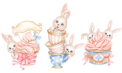 Cute cartoon baby bunny and sweet cupcakes. Funny little hares in tea cups.