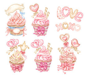 Sweets cupcakes with cake toppers on a heart shaped. Happy Valentine's Day or Love Wedding invitations card. Hand drawn watercolor set isolated on a white background.