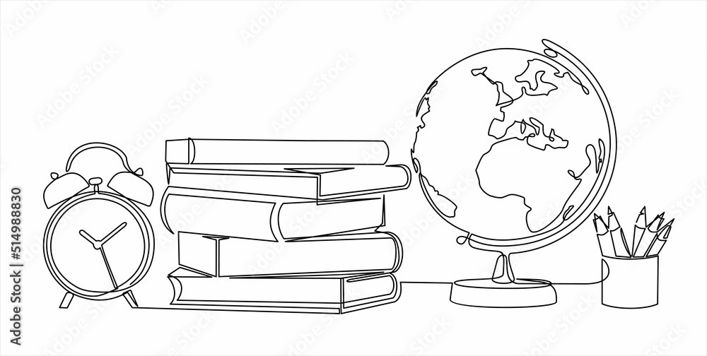 Poster one continuous line drawing of globe, books stack, alarm clock and pencils. study space desk concept