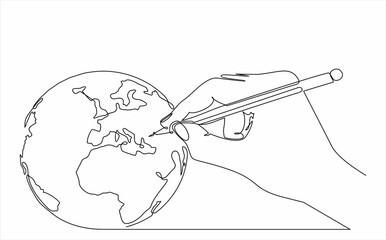hand drawing globe, continuous line drawing, minimalist design vector illustration isolated on white background