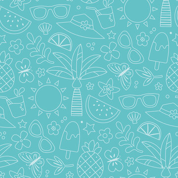 Summer blue subtle background, seamless vector pattern, texture, drawing, wallpaper, doodle. Palm trees, sun, fruit, popsicle, butterfly, flowers, drink