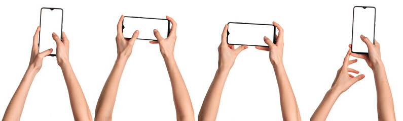 A girl holds in his hands a blank black smartphone screen with a modern frameless design. Four positions isolated on white background - 514989615